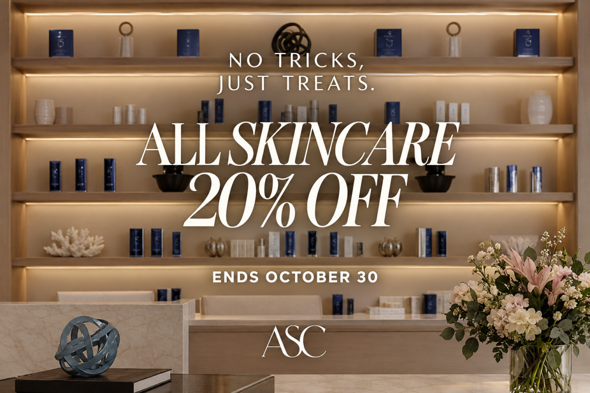 No tricks, just treats. All skincare 20% off. Ends October 30. Aesthetic Surgery of Charlotte.